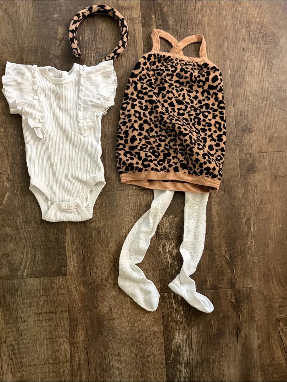 Leopard Print Knit Dress + White Ruffle Bodysuit & Headband Set